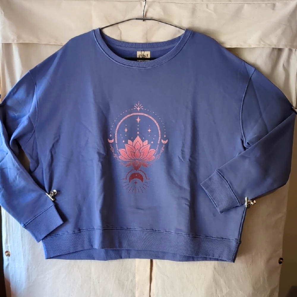 Pact 100% Organic Cotton Blue/Purple Sweatshirt with Pink Ombre Lotus Graphic.